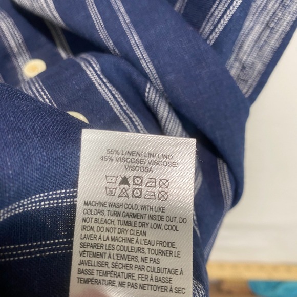 Lucky Brand Linen Blend Stripe Short Sleeve Button Up Mens XL Navy White Shirt - Picture 6 of 9